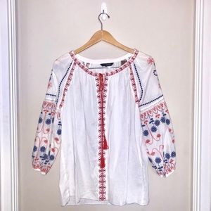 Embroidered Linen Top with Tie Front Detail